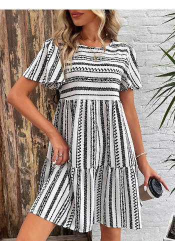 Women’s Striped Floral Round Neck Mid-Sleeve Dress
