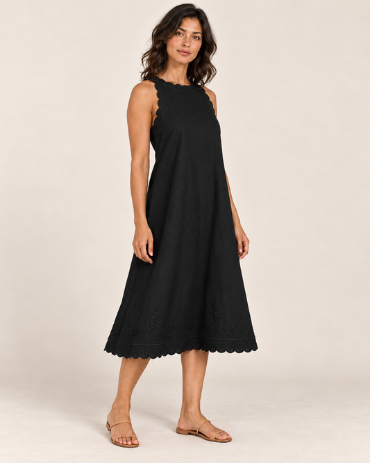 Women's Sleeveless Ruffle-Trim Dress — Black — three-quarter view
