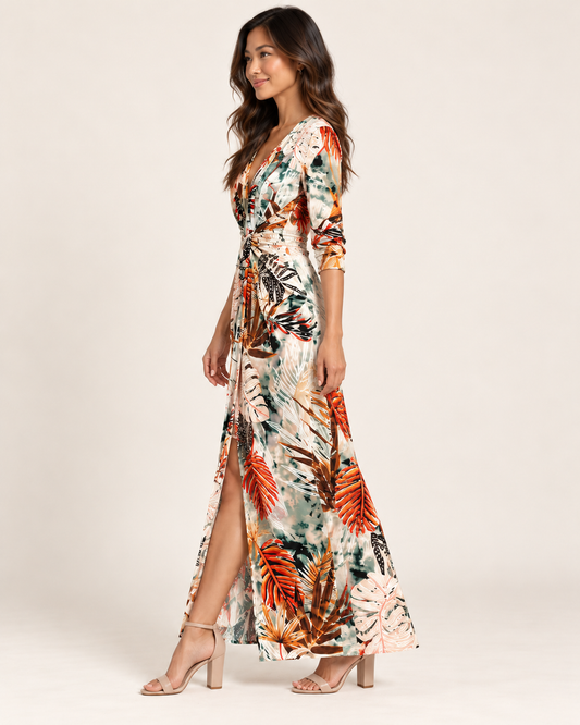 Orange feather-print dress on model, full side view