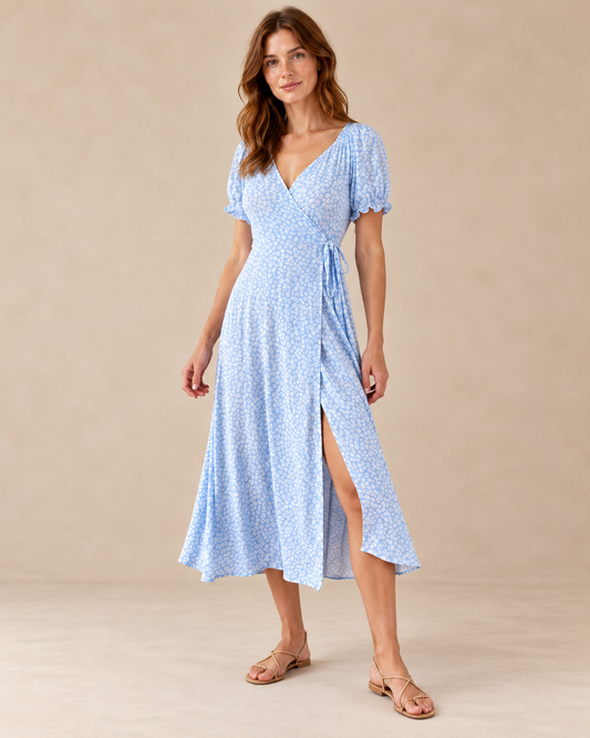Women's Floral V-Neck High-Waist Dress — Light Blue — three-quarter view