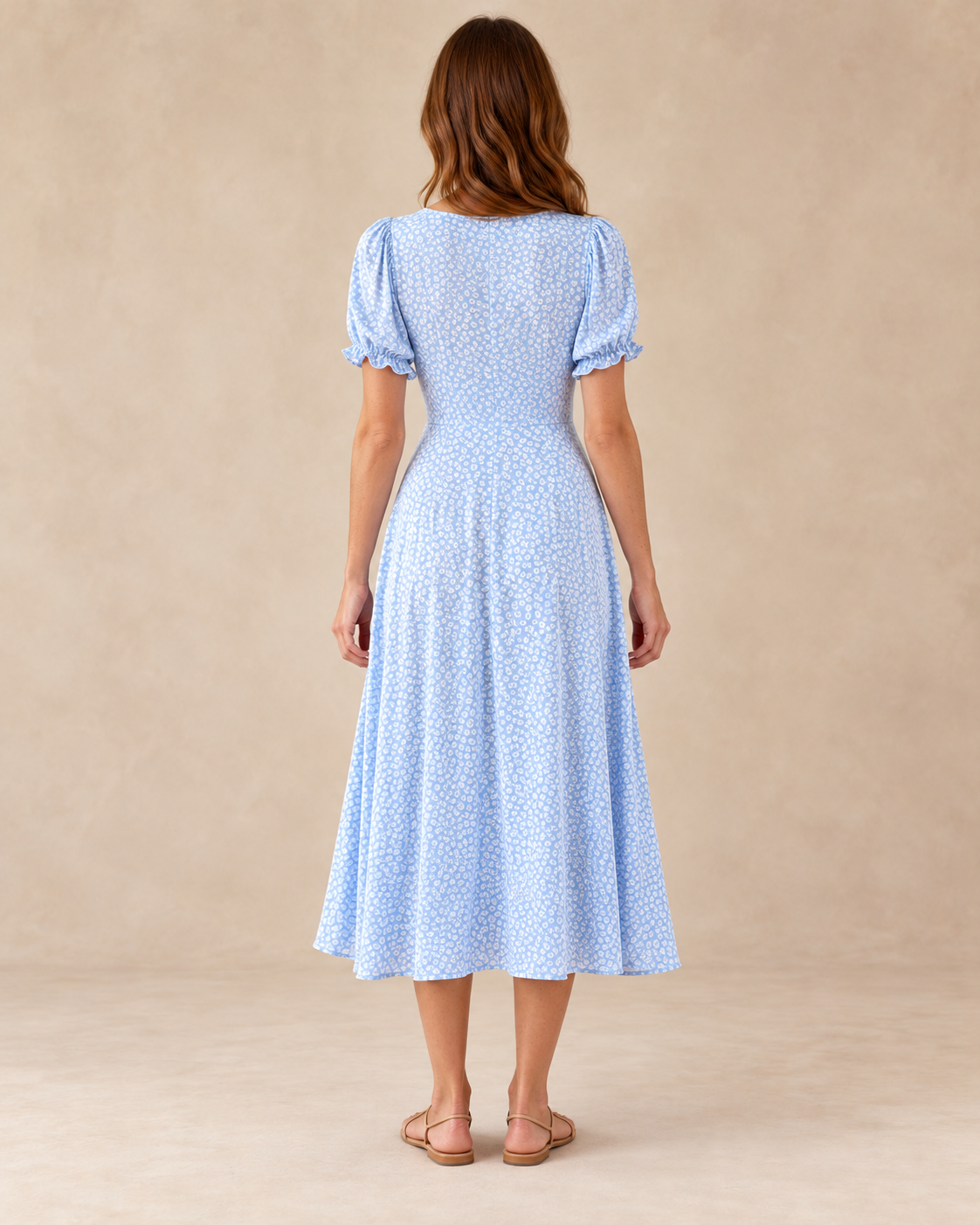 Women's Floral V-Neck High-Waist Dress — Light Blue — full back view