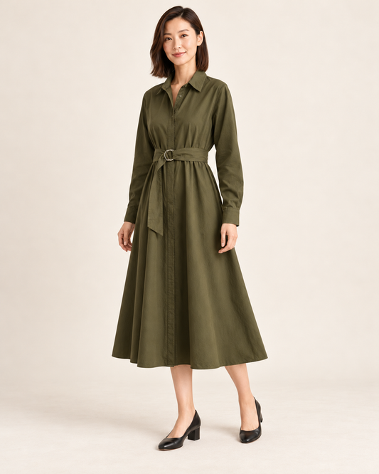Women's Long Sleeve Belted Shirt Dress — Green — three quarter view