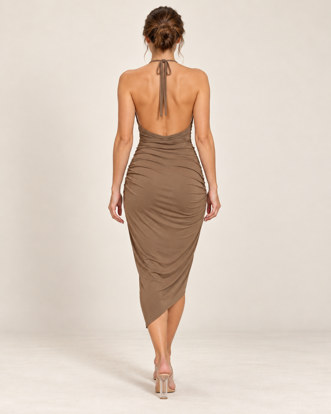 Women's Halter Dress with Asymmetric Hem - Brown - back view