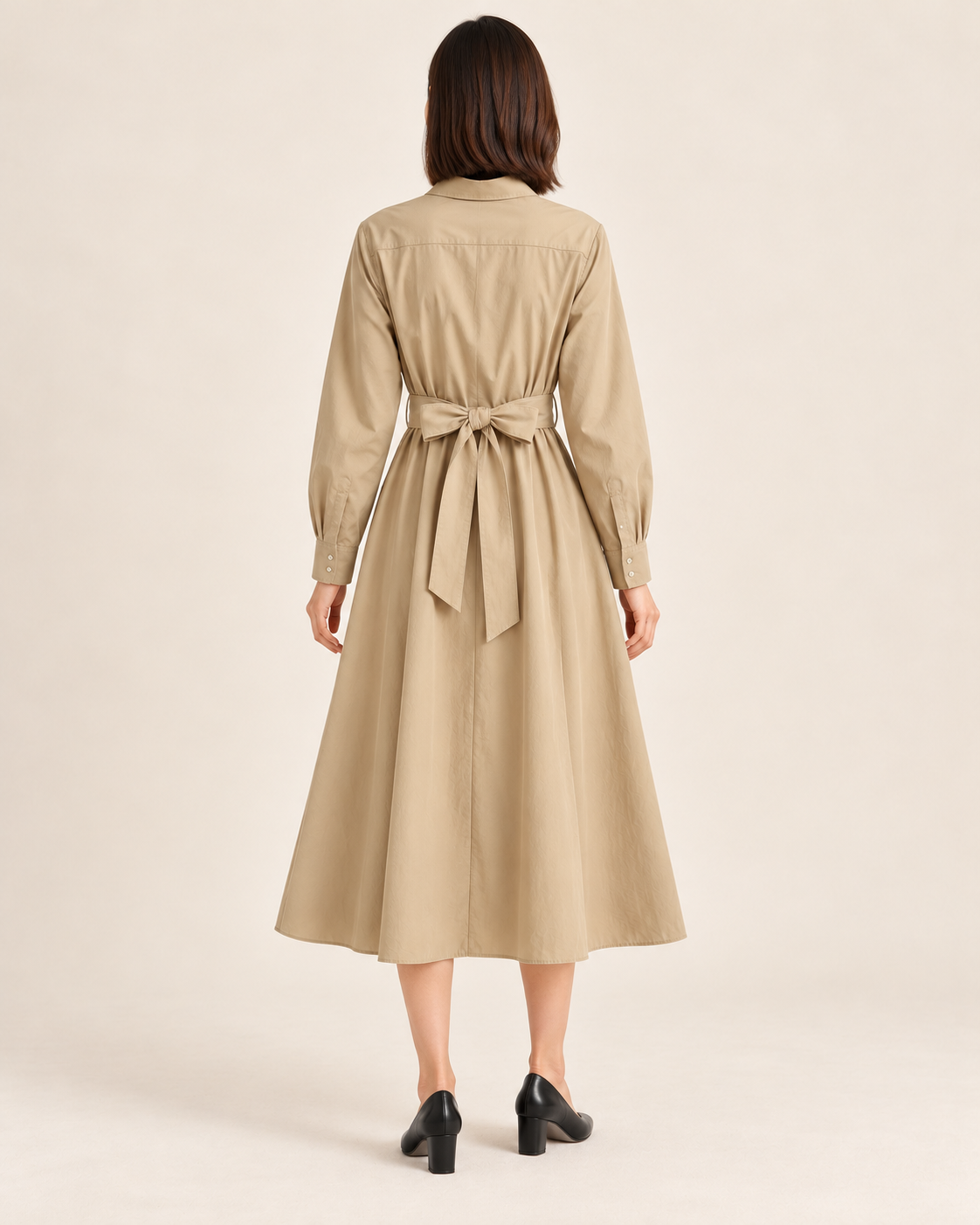 Women's Long Sleeve Belted Shirt Dress — Khaki — back view