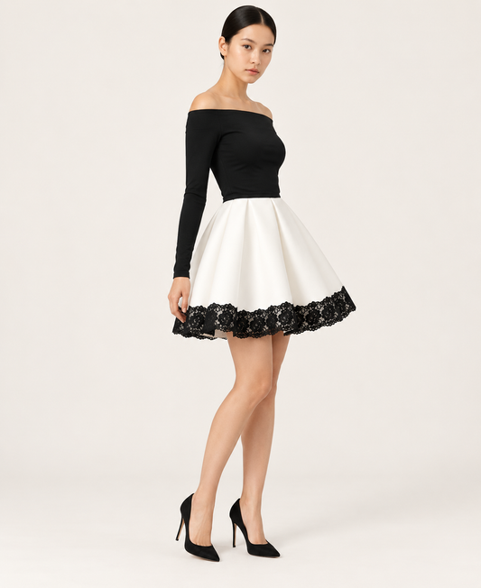 Women's Black and White Lace-Trim Dress Set — Black and White — three-quarter view