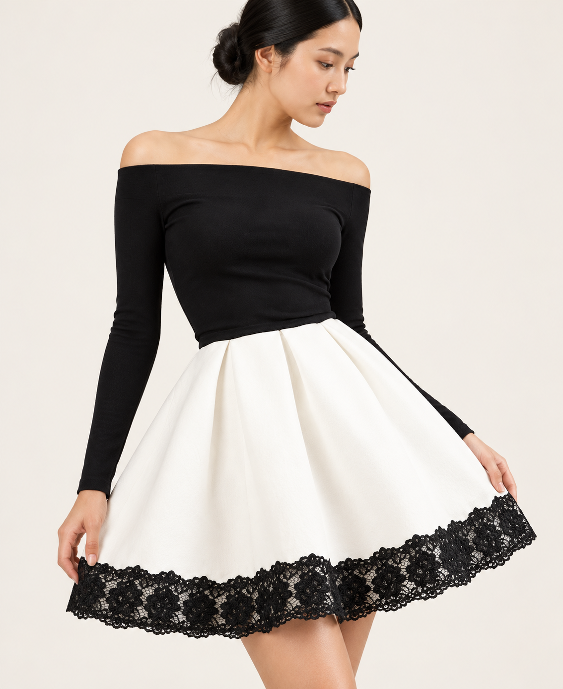 Women's Black and White Lace-Trim Dress Set — Black and White — lace detail