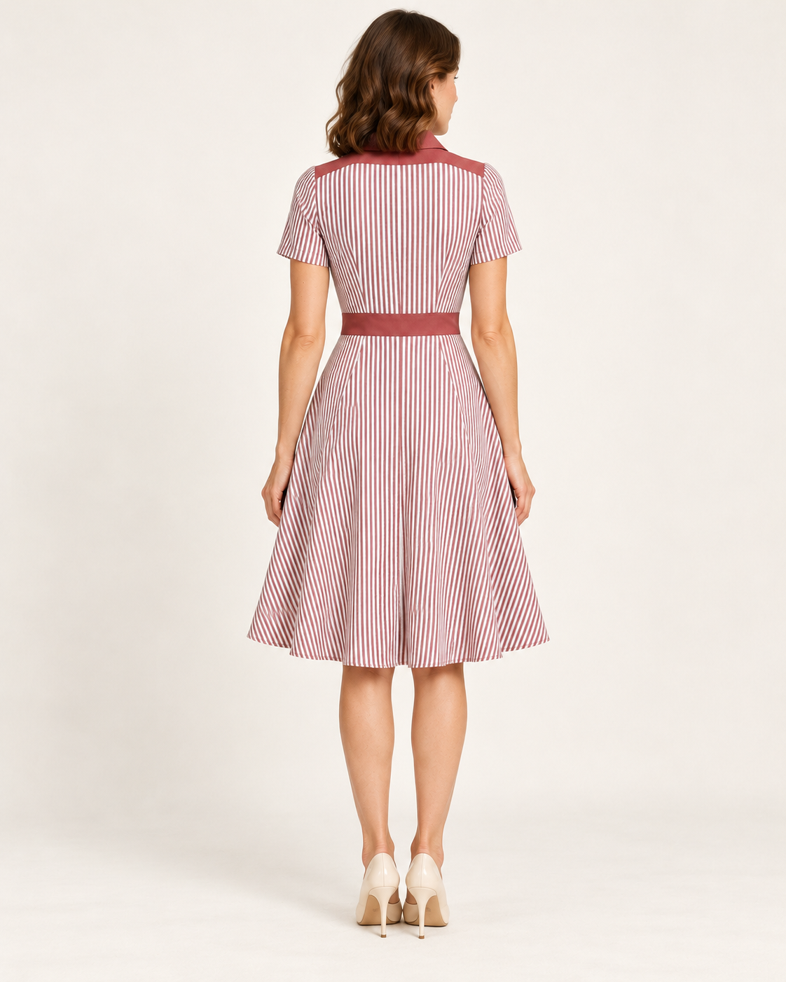 Women's Striped V-Neck A-Line Dress — Pink — back view