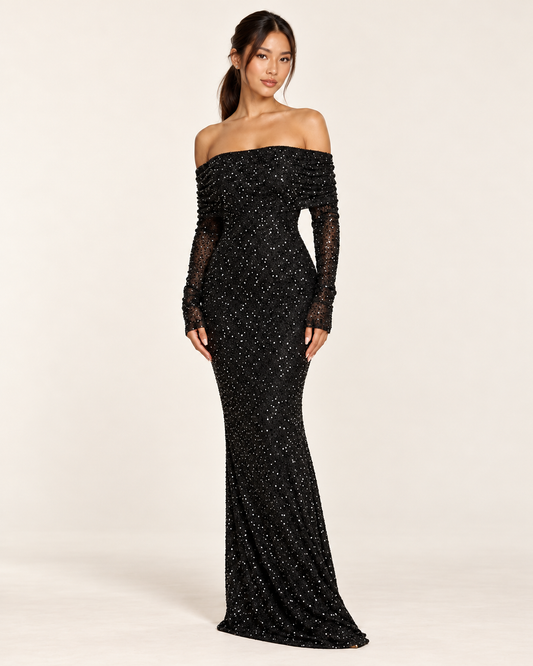 Women's Black Off-Shoulder Sequin Dress — Black — Three-quarter