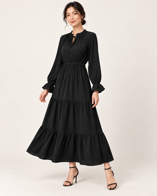 Women's Long Sleeve Tiered Swing Dress - Black - three-quarter view