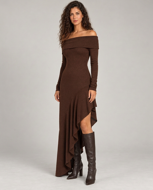 Women's Brown Off-Shoulder Long Sleeve Dress — Brown, full-length three-quarter view