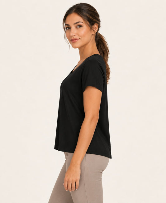 Women's V-Neck Back-Cutout T-Shirt, black, side profile