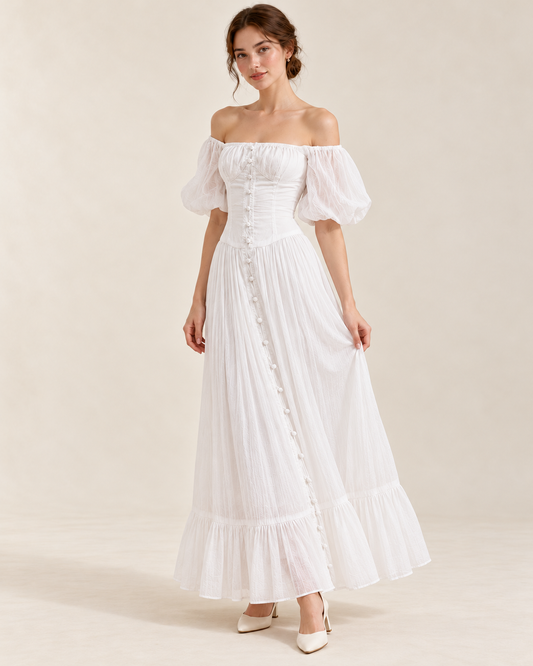 Women's White Square-Neck High-Waist Dress, three-quarter view