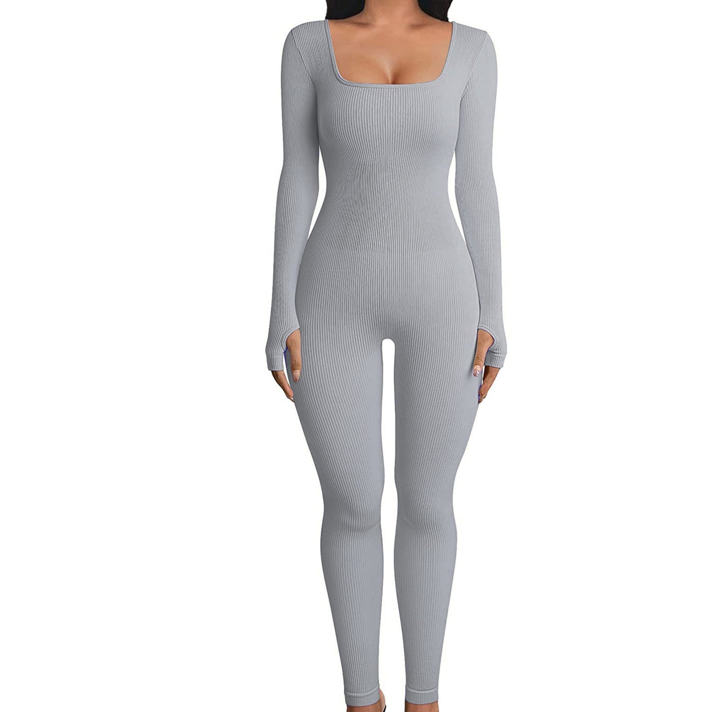Women's Long Sleeve Yoga Jumpsuit With Square Neck