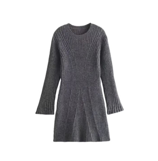 Ribbed Knit A-Line Sweater Dress With Stand Collar