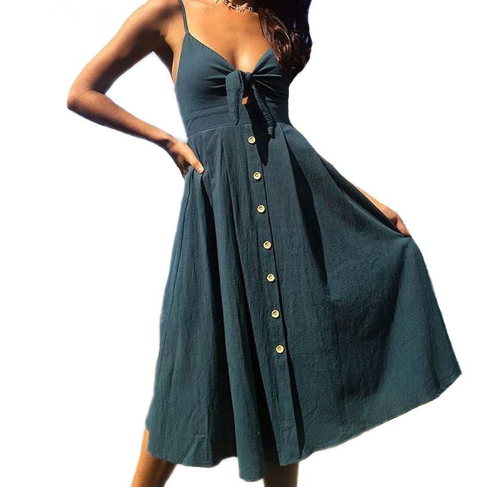 Women’s Cotton Linen Backless Summer Dress With Bow