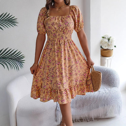 Floral Ruffle Square Neck Dress High Waist Summer Style