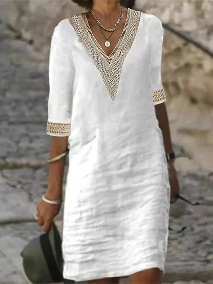 Women’s Cotton V-Neck Midi Dress for Autumn Winter