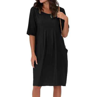 Cotton Linen Casual Midi Dress With Pockets