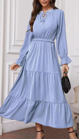 Long Sleeve Solid Color Swing Dress For Women