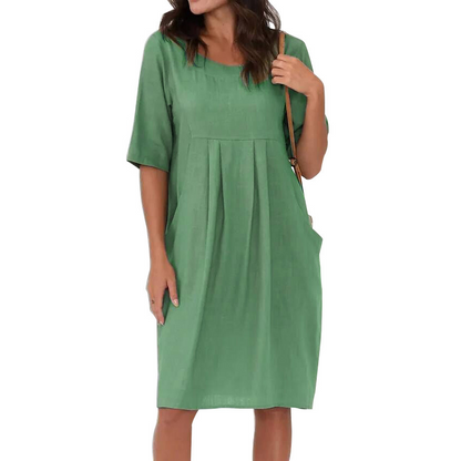 Cotton Linen Casual Midi Dress With Pockets