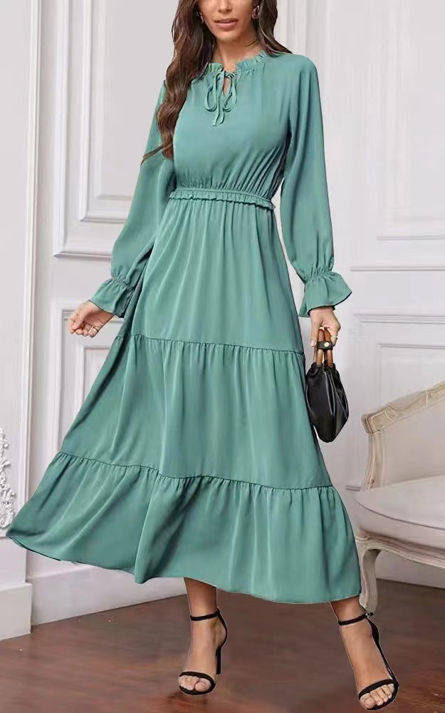 Long Sleeve Solid Color Swing Dress For Women