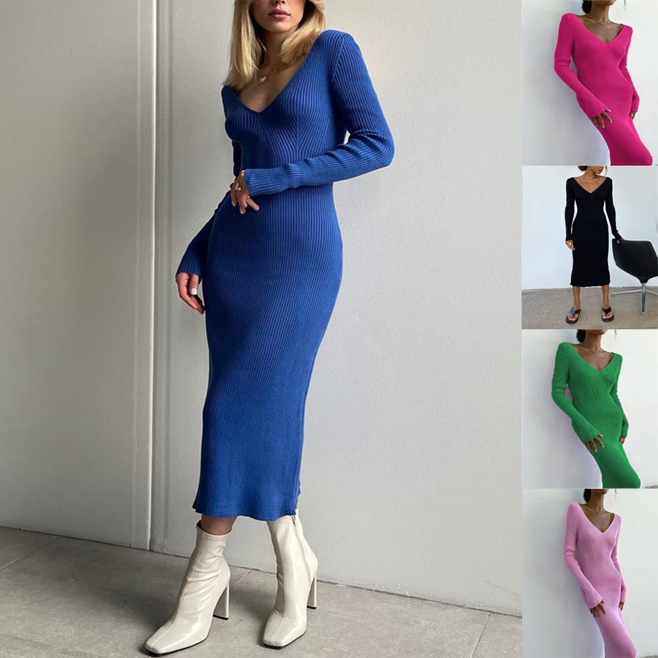 Women’s Knitted Stripe Maxi Dress With Long Sleeves