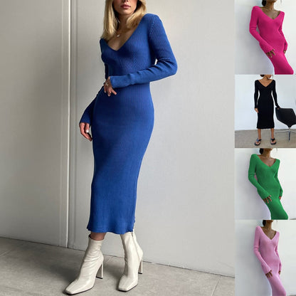 Women’s Knitted Stripe Maxi Dress With Long Sleeves