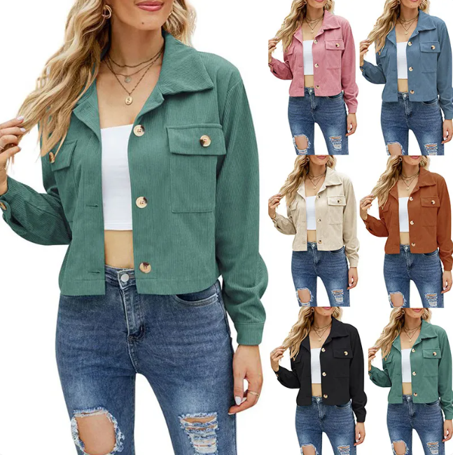 Women’s Corduroy Cropped Jacket – Casual Loose Fit