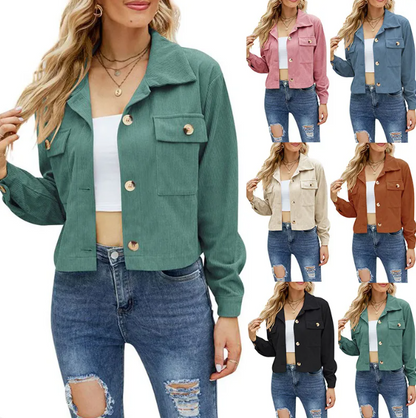 Women’s Corduroy Cropped Jacket – Casual Loose Fit