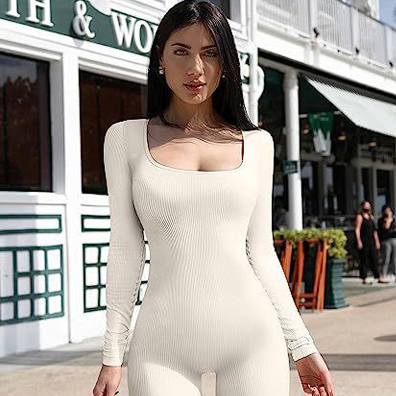 Women's Long Sleeve Yoga Jumpsuit With Square Neck