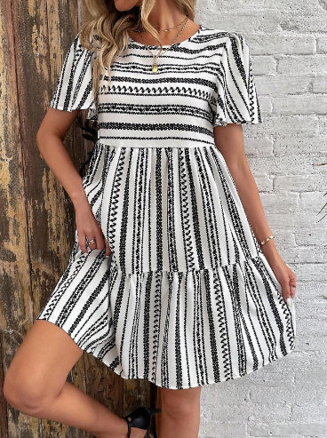 Women’s Striped Floral Round Neck Mid-Sleeve Dress