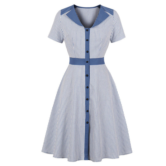 Striped A-Line Summer Dress For Women – V-Neck, Knee-Length