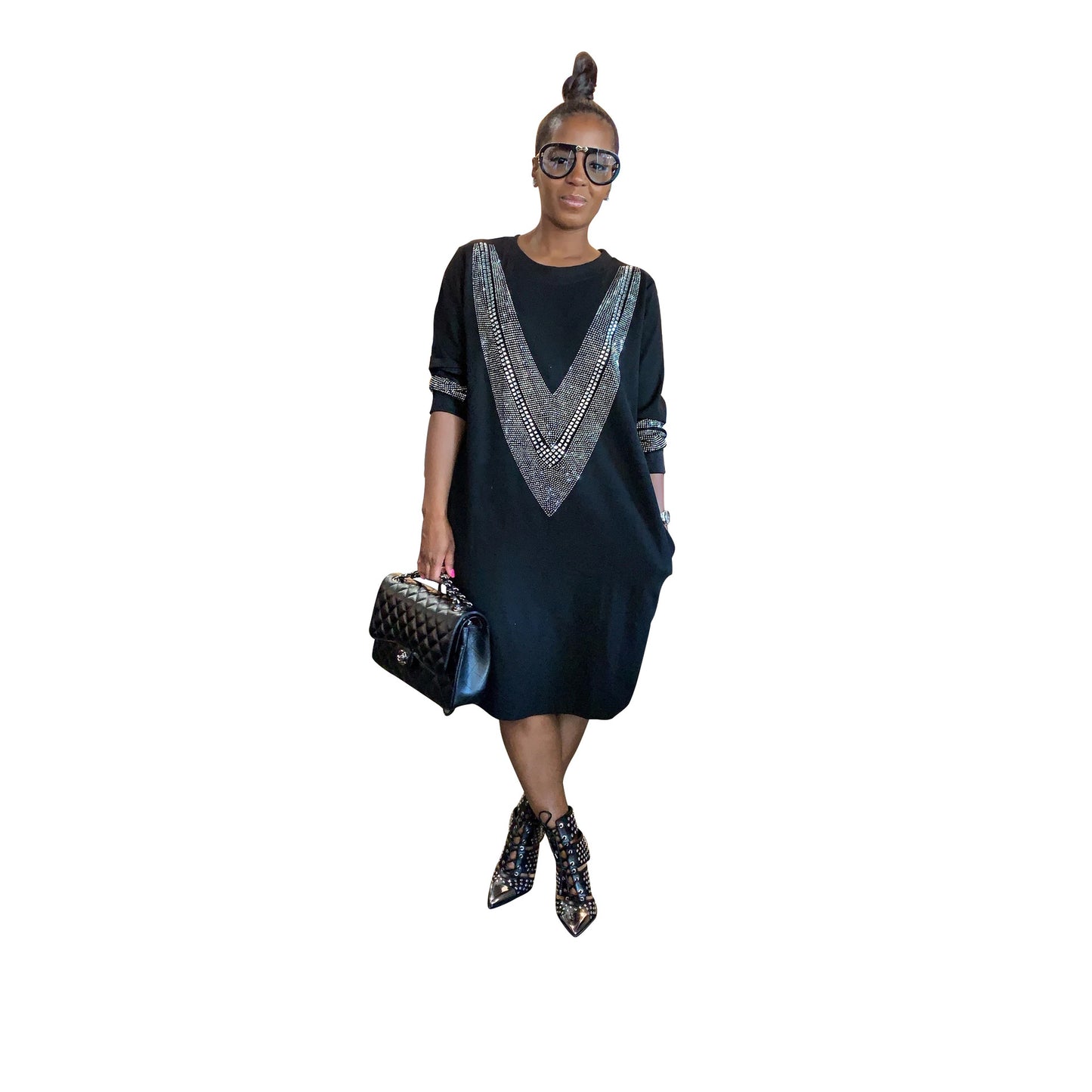 Women’s Cotton V-Neck Midi Dress for Autumn Winter