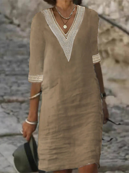 Women’s Cotton V-Neck Midi Dress for Autumn Winter