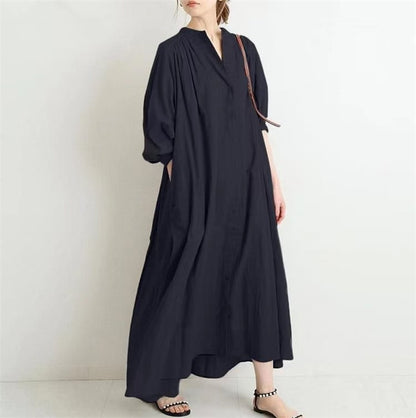 Cotton Swing Dress With Stand Collar And Puff Sleeves