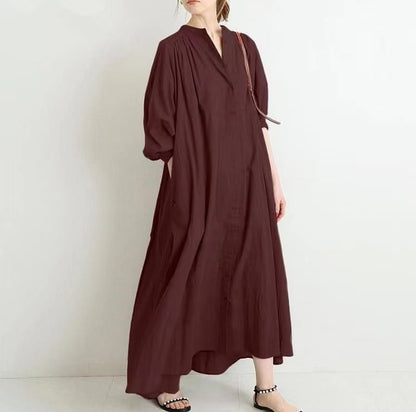 Cotton Swing Dress With Stand Collar And Puff Sleeves