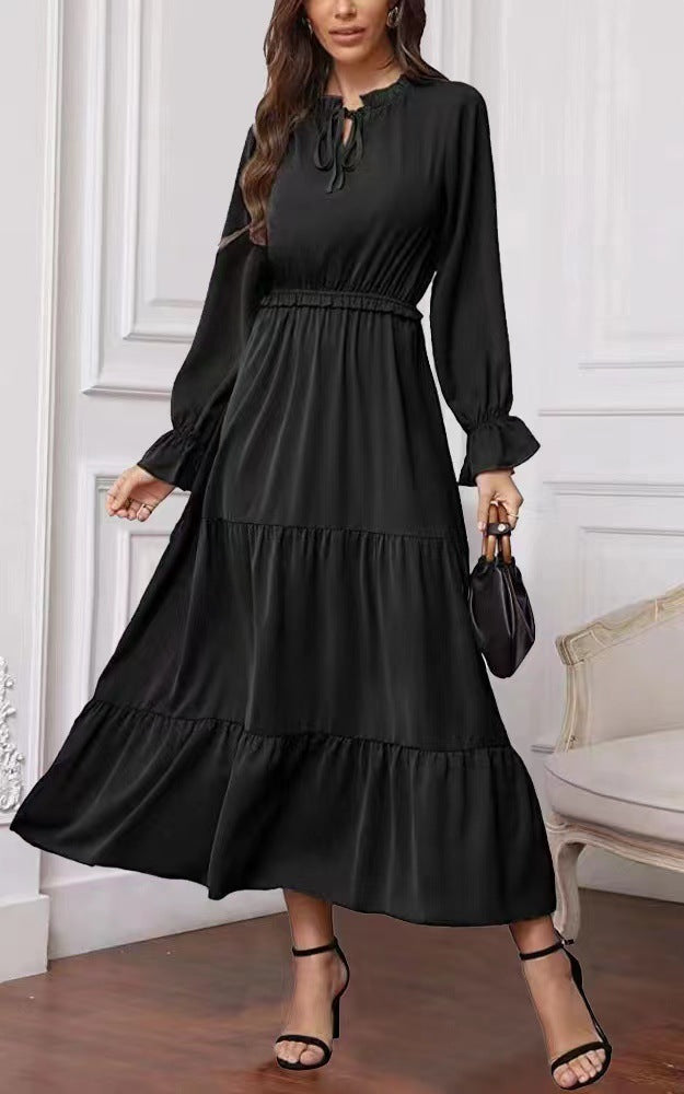 Long Sleeve Solid Color Swing Dress For Women