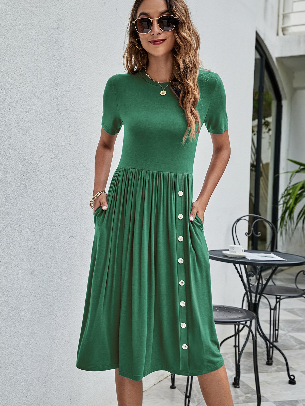 Women’s Knitted Pocket Dress – Solid Color Casual Style