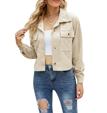 Women’s Corduroy Cropped Jacket – Casual Loose Fit