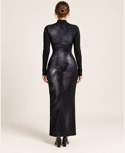Model wearing the black 3D-style print long-sleeve fitted dress, full-length back view.