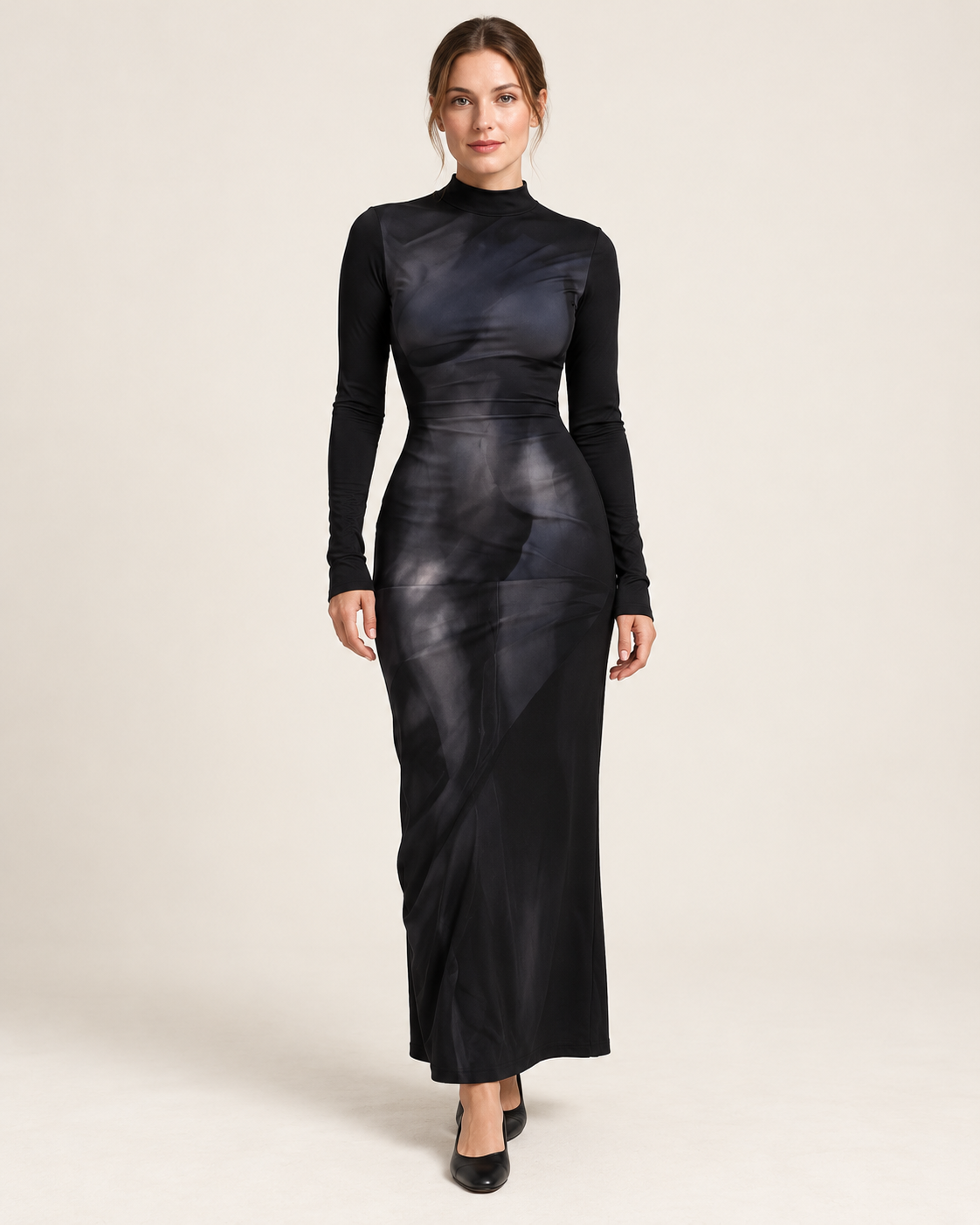Model wearing the black 3D-style print long-sleeve fitted dress, front full-length view.