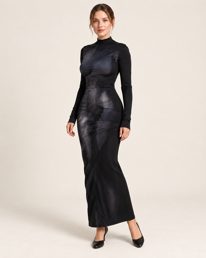 Model wearing the black 3D-style print long-sleeve fitted dress, three-quarter view.