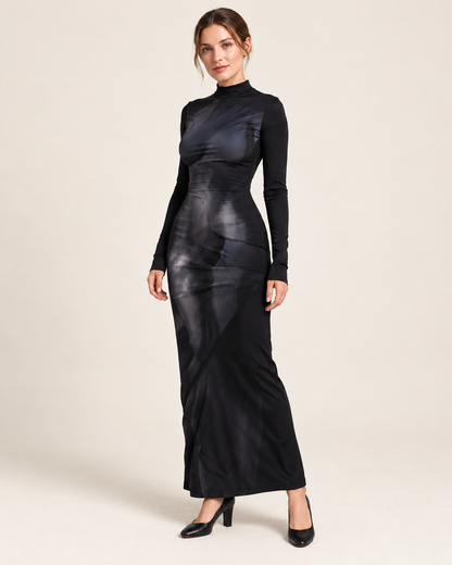 Model wearing the black 3D-style print long-sleeve fitted dress, alternate three-quarter view.