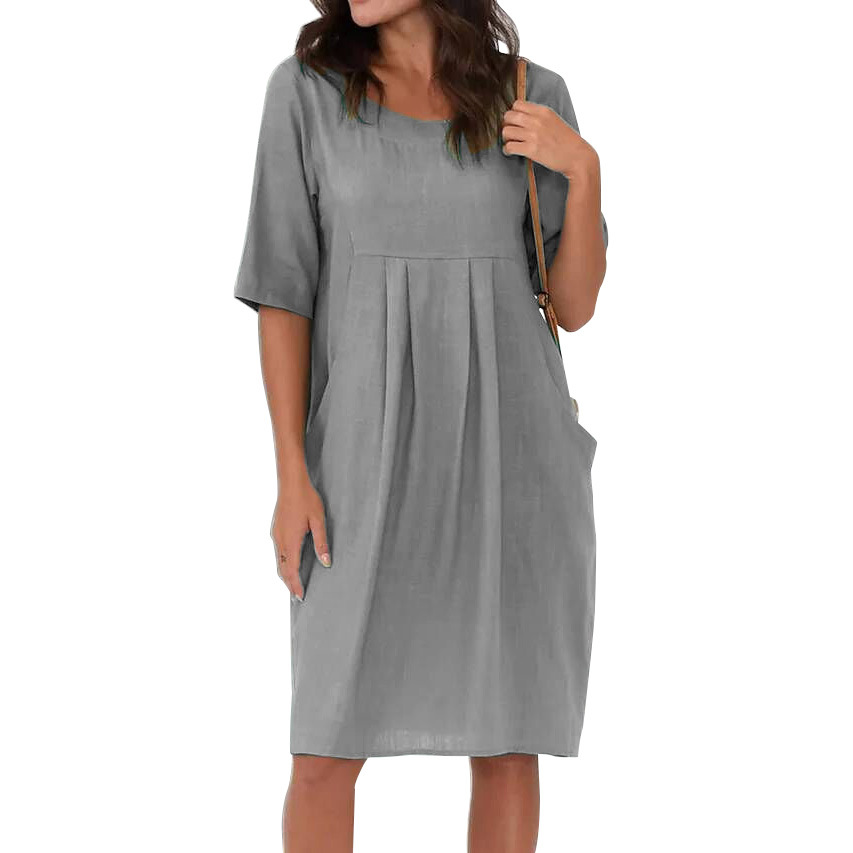 Cotton Linen Casual Midi Dress With Pockets