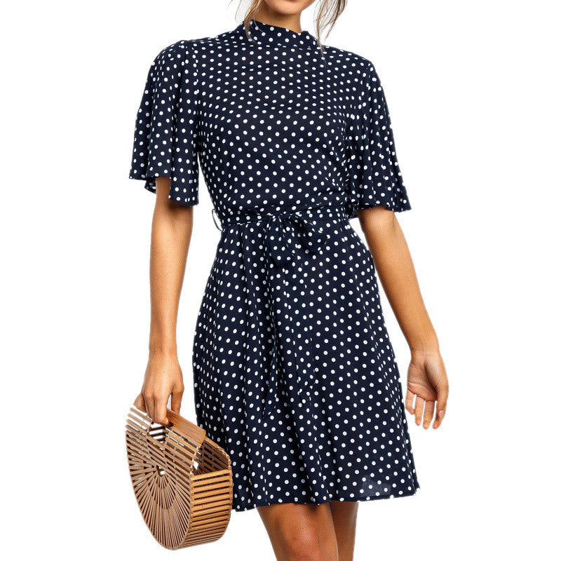 Polka Dot Chiffon Ruffle Sleeve High Waist Dress