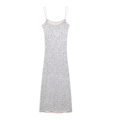 Beaded Sequin Bodycon Dress – Sleeveless Silver Midi