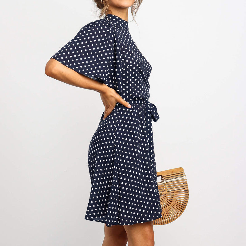 Polka Dot Chiffon Ruffle Sleeve High Waist Dress