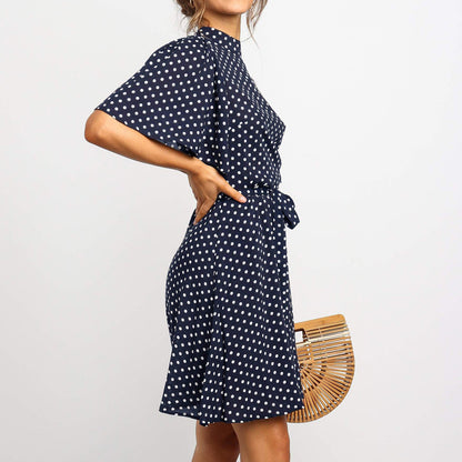 Polka Dot Chiffon Ruffle Sleeve High Waist Dress