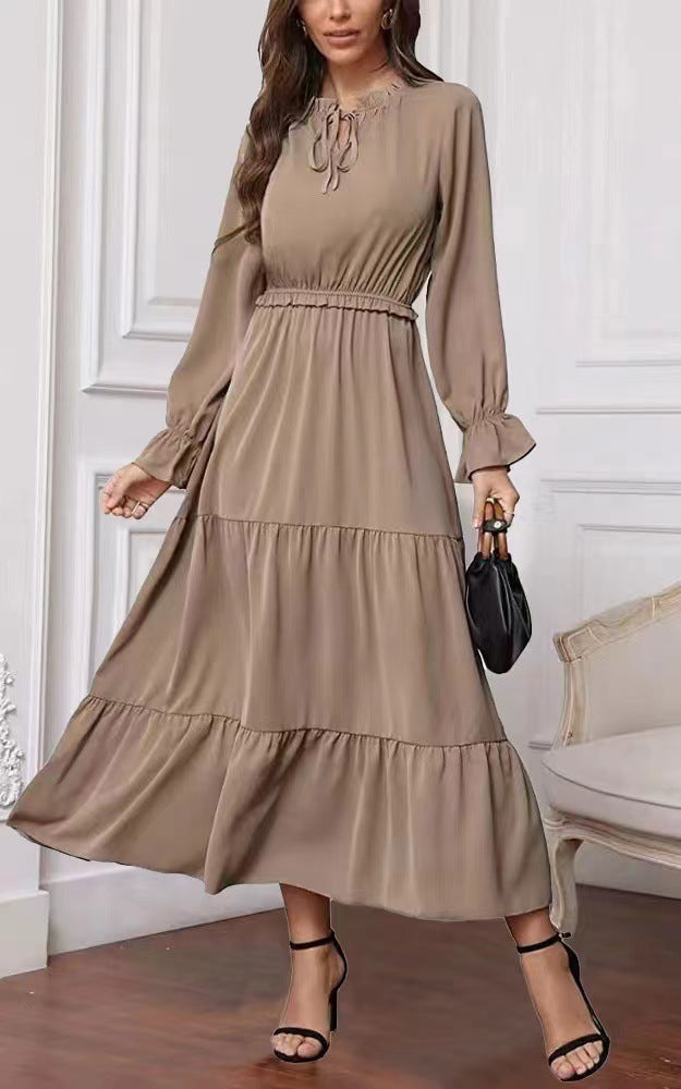 Long Sleeve Solid Color Swing Dress For Women