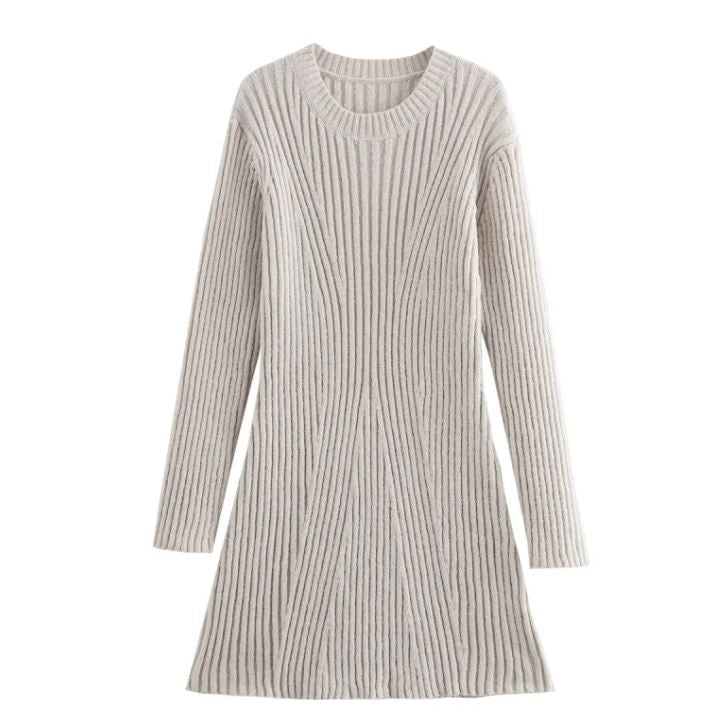 Ribbed Knit A-Line Sweater Dress With Stand Collar